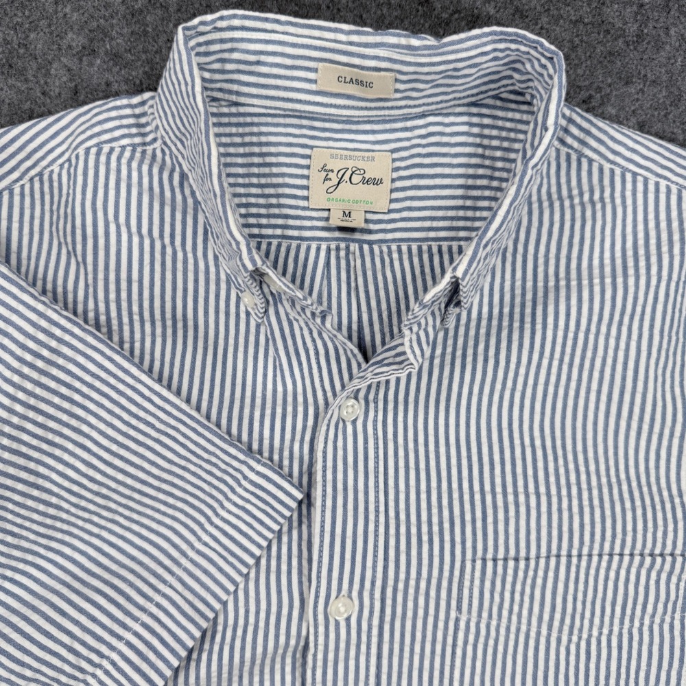 J.Crew Mens Medium Seersucker Short Sleeve Button Down Shirt Blue White Striped